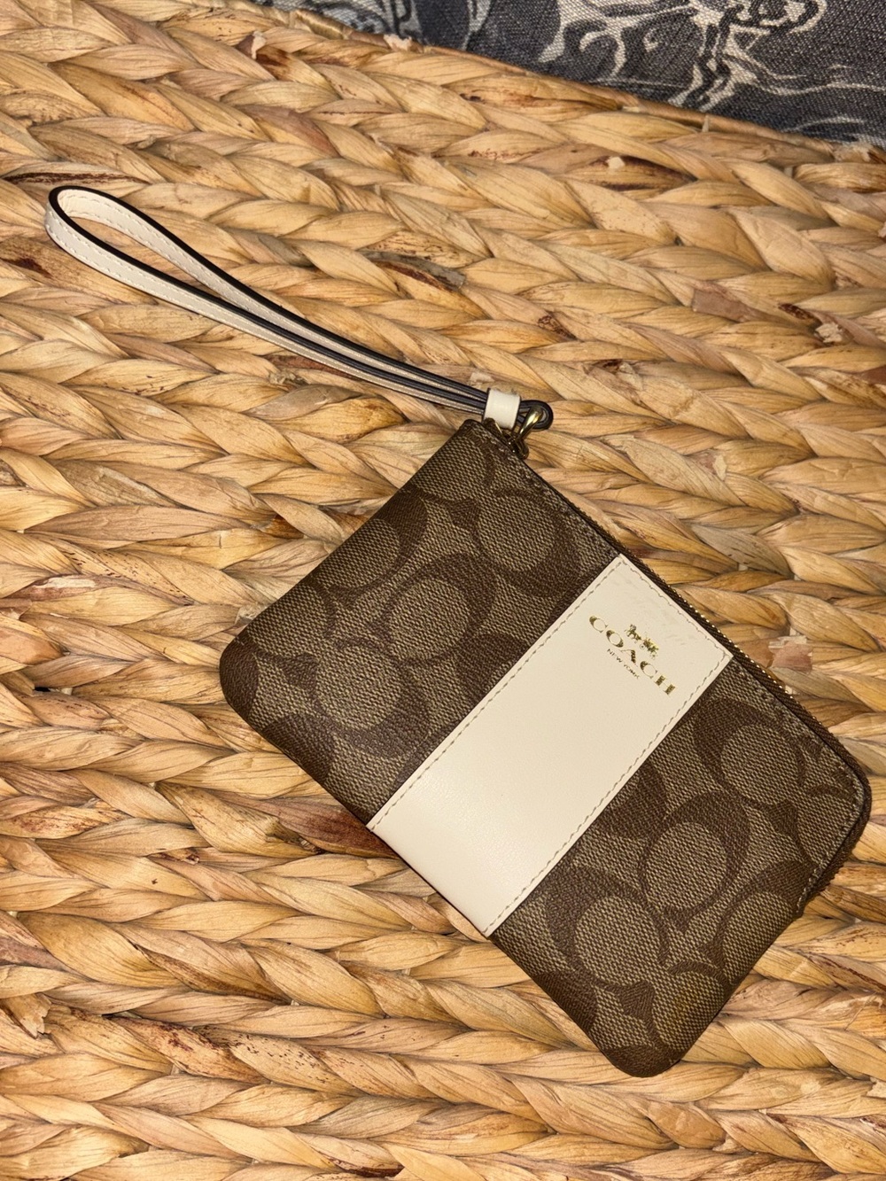 Coach Brown Signature Wristlet with Cream Center Panel